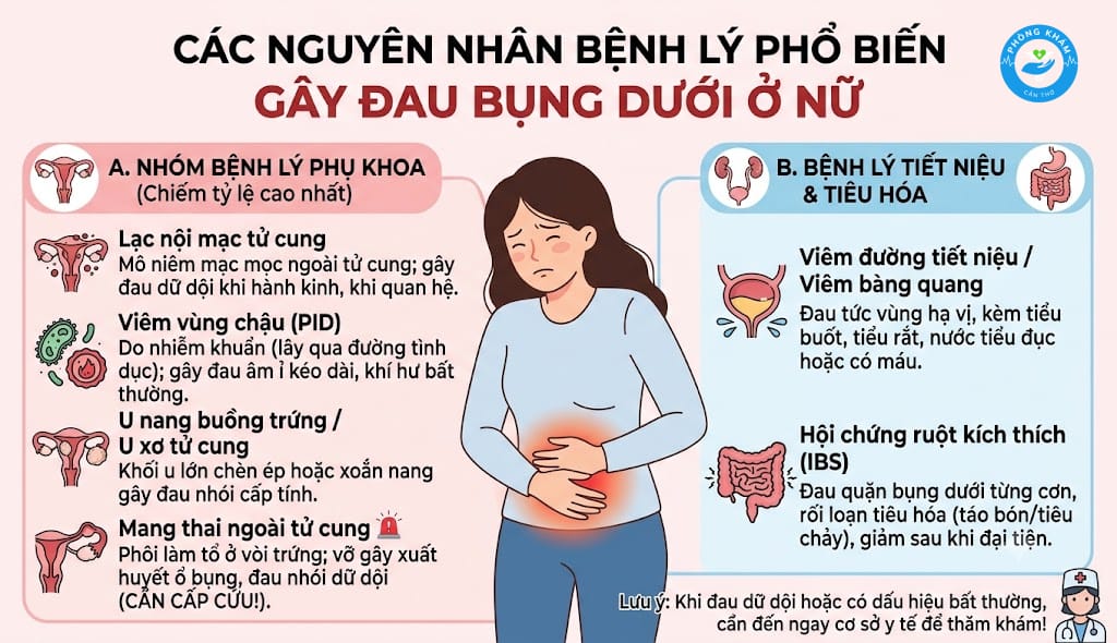 Những nguyên nhân bệnh lý gây đau bụng dưới ở nữ