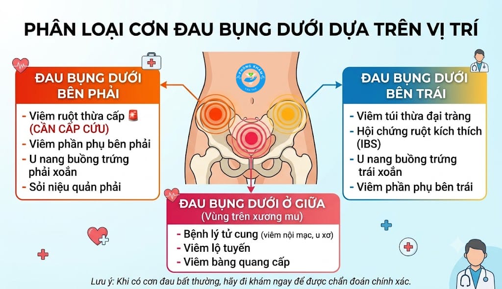 Phân loại cơn đau bụng dưới dựa trên vị trí