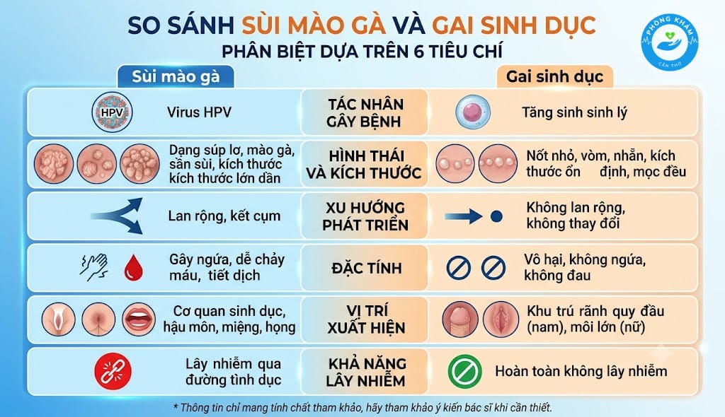 Các đặc điểm phân biệt sùi mào gà và gai sinh dục