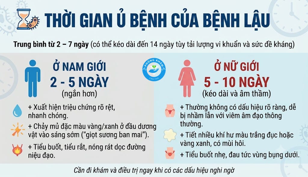 Thời gian ủ bệnh của bệnh lậu có thể kéo dài từ 2-7 ngày hoặc lâu hơn tùy người